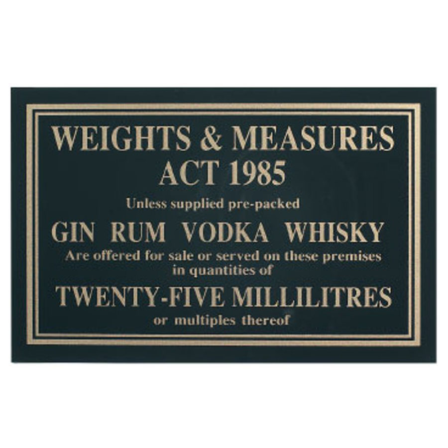 Mileta Black Gloss 17 x 11cm Rectangle Sign - Weights & Measures Act - 25ml