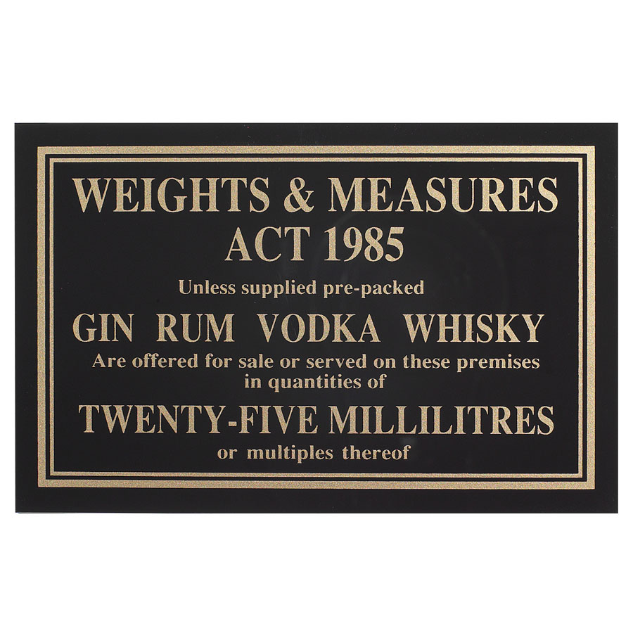 Mileta Black Gloss 17 x 11cm Rectangle Sign - Weights & Measures Act - 35ml