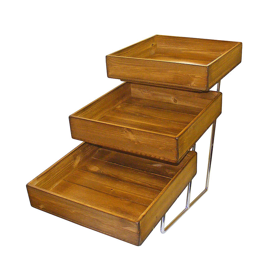 Display Trends 3 Tier Chrome Stand & Distressed Wood Trays