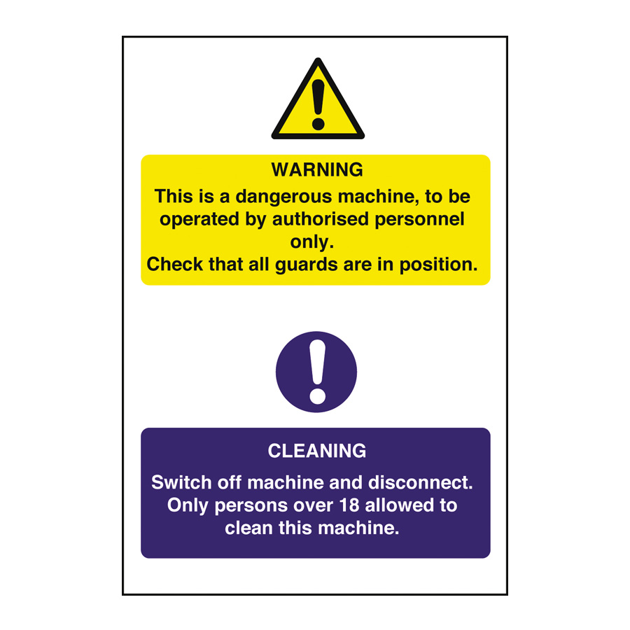 Mileta Warning Sign Self Adhesive Vinyl - Authorised Person, 18+ And Check Guards In Place 20 x 30cm