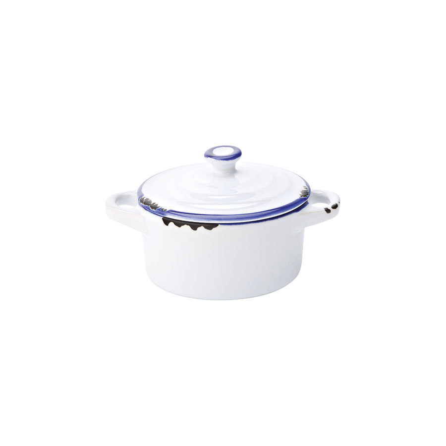 Utopia Avebury Blue Stoneware White Round Lidded Mini Casserole 10.5cm 4 Inch 8.75oz