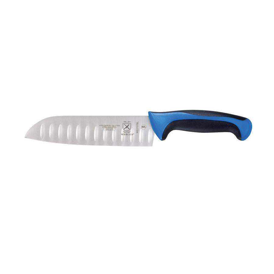 Mercer Millennia Colors Santoku Granton Edge Knife 7in With Santoprene Handle Blue