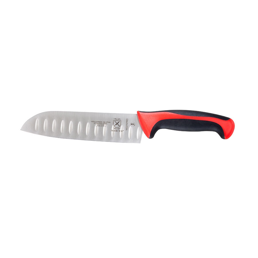 Mercer Millennia Colors Santoku Granton Edge Knife 7in With Santoprene Handle Red
